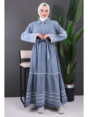Mavi Bel Kuşaklı Kot Elbise Mavi Bel Kuşaklı Kot Elbise
