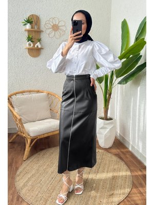 Siyah Fermuarlı Deri Etek