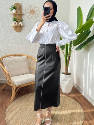 Fermuarlı Deri Etek Siyah