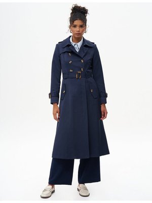 Kruvaze Düğmeli Kemer Detaylı Kap Koyu Lacivert