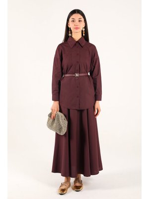 Mürdüm Kemerli Poplin Etekli Takım