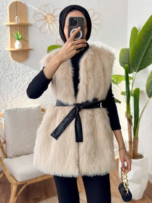 Kuşaklı Peluş Yelek Taş Rengi
