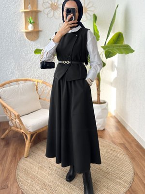 Kemerli Yelek Etek Takım Siyah