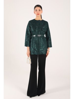 Zümrüt Kemerli Payetli Ceket