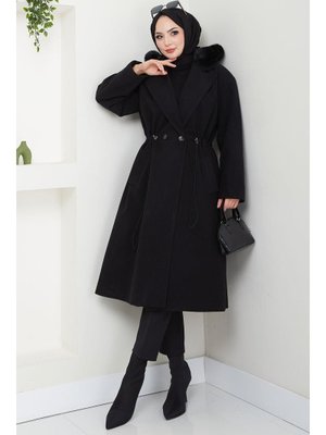 Siyah Kapüşonlu Beli Büzgülü Kaşe Kaban Siyah Kapüşonlu Beli Büzgülü Kaşe Kaban