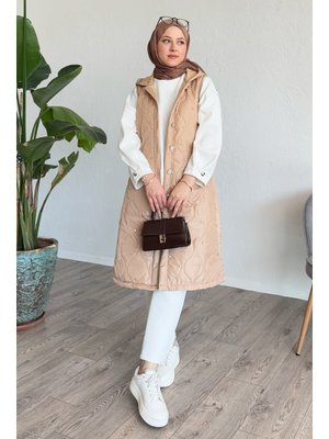 Taşlı Kapitone Kapüşonlu Bej Yelek Taşlı Kapitone Kapüşonlu Bej Yelek