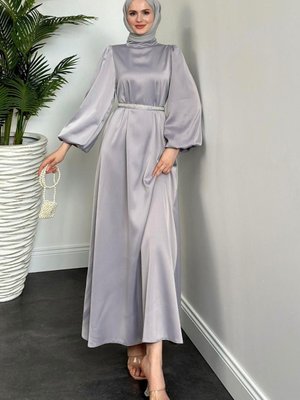 Nika Kemeri İncili Saten Abiye Elbise Füme Nika Kemeri İncili Saten Abiye Elbise Füme
