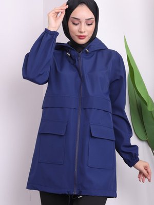 Lacivert Kapüşonlu Fermuarlı Kısa Trenç Lacivert Kapüşonlu Fermuarlı Kısa Trenç