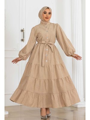 Bej Kabartma Desenli Elbise