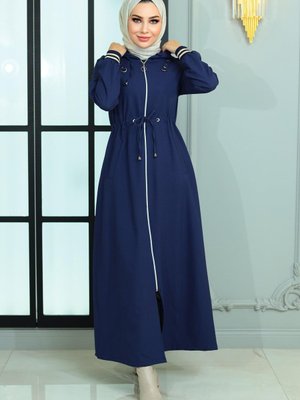 İndigo Fermuarlı Beli Bağcıklı Ferace İndigo Fermuarlı Beli Bağcıklı Ferace