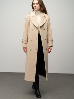 Düşük Kol Apolet Detaylı Kruvaze Oversize Kaban Bej