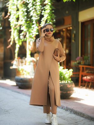 Boğazlı Tunik Pantolon Takım Vizon Model