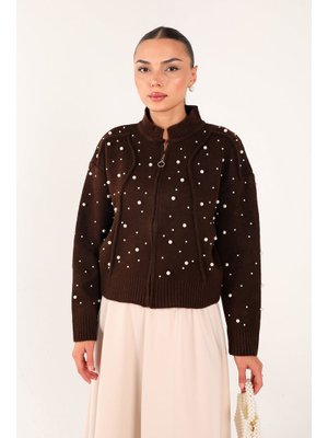 Kahverengi İncili Triko Hırka