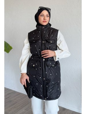 Cep Detay Büzgülü Kapitone Siyah Yelek Cep Detay Büzgülü Kapitone Siyah Yelek