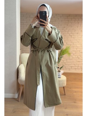 Haki Biye Detaylı Kuşaklı Trençkot