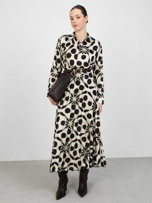 Geniş Kesim Desenli Saten Şık Tunik Siyah Ekru Geometrik Desen