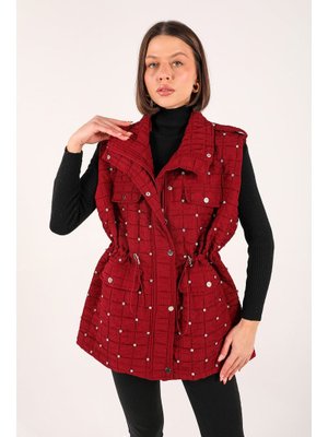 Bordo Taşlı Kapitone Yelek