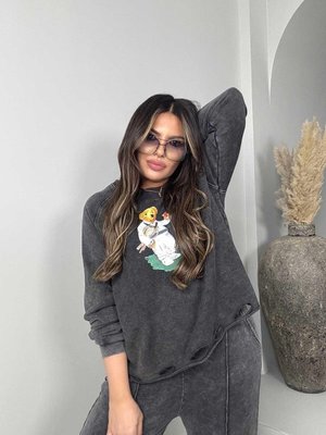 Antrasit Teddy Baskı Yırtık Detaylı Yıkamalı Sweatshirt Antrasit Teddy Baskı Yırtık Detaylı Yıkamalı Sweatshirt