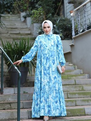 Mavi Yakası Önde Püskül Ve Kol Ucu Lastikli Dokuma Viskon Kumaş Ebru Desenli Elbise Mavi Yakası Önde Püskül Ve Kol Ucu Lastikli Dokuma Viskon Kumaş Ebru Desenli Elbise