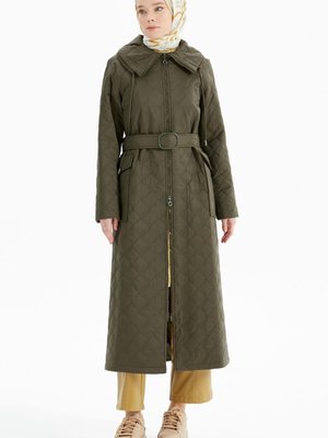 Cepli Kuşaklı Kapitone Manto Haki