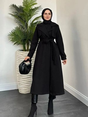 Kolu Düğme Detaylı Kuşaklı Kase Kaban Siyah