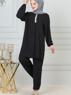 Pul Payetli Aerobin Siyah Renk Kapalılara Özel İkili Takım