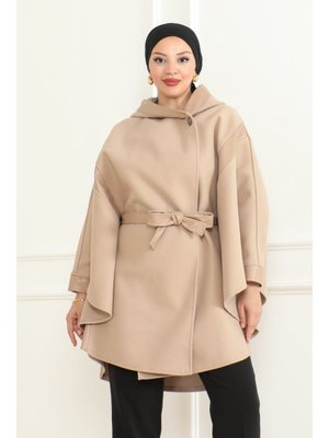 Bej Kuşaklı Deri Detaylı Panço &