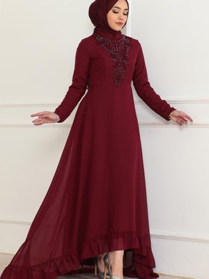 Bordo İnci Detaylı Abiye Elbise Bordo İnci Detaylı Abiye Elbise