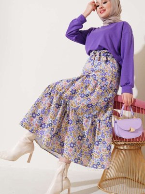 Mor Çiçek Desenli Etekli İkili Takım Mor Çiçek Desenli Etekli İkili Takım