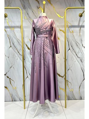 Lila Saren Saten Abiye Elbise