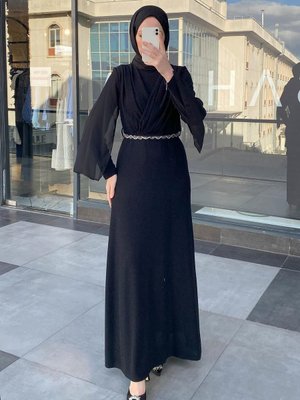 Simli Kemerli Elbise Siyah