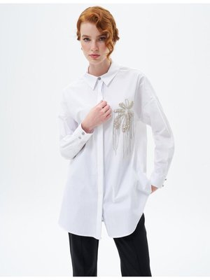 Taş İşlemeli Poplin Tunik Optik Beyaz Taş İşlemeli Poplin Tunik Optik Beyaz