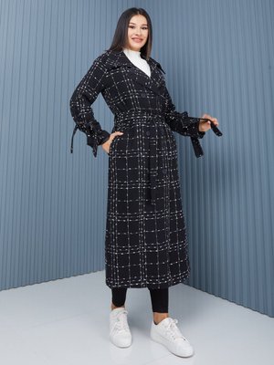 Siyah Ekose Kadın Oversize Trençkot