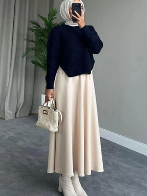 Scuba Kumaş Puf Kloş Bej Etek