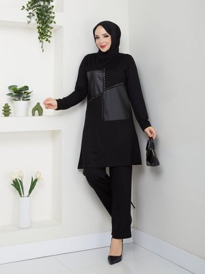 Pamuk Viskon Deri Ve Taş Detaylı 2li Pantolonlu İkili Takım