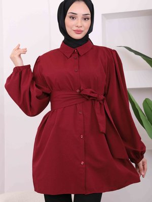 Bordo Bel Kuşaklı Gömlek Tunik Bordo Bel Kuşaklı Gömlek Tunik