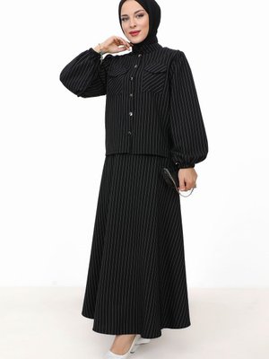 Hira Çizgili Etekli Takım Siyah
