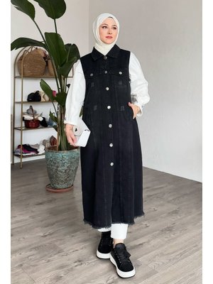 Eskitme Detay Siyah Kot Yelek Eskitme Detay Siyah Kot Yelek