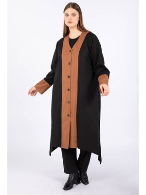 Siyah Büyük Beden Düğmeli Uzun 3'lü Takım Taba/siyah