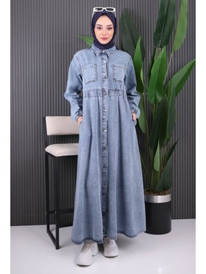 Mavi Bel Lastikli Düğmeli Kot Elbise Mavi Bel Lastikli Düğmeli Kot Elbise