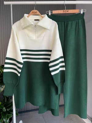 Balon Kol Çizgili Boğazlı Fermuarlı Triko İkili Takım Balon Kol Çizgili Boğazlı Fermuarlı Triko İkili Takım