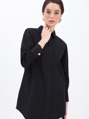 Siyah Pamuk Cep Detaylı Gömlek Tunik