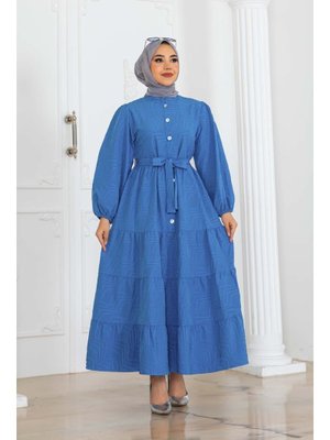 Mavi Kabartma Desenli Elbise