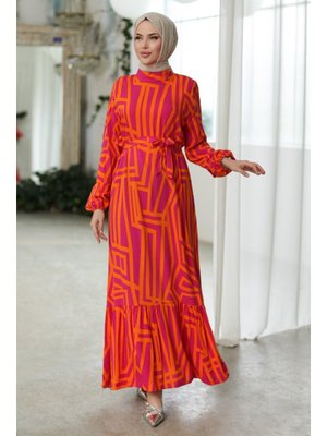 Fuşya Elar Dokuma Viskon Elbise Fuşya Elar Dokuma Viskon Elbise