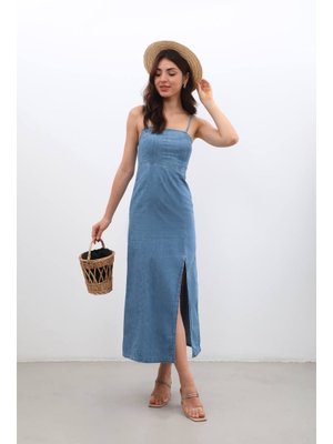 Mavi İnce Askılı Yırtmaçlı Jean Elbise