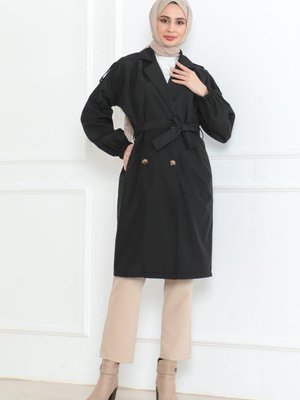 Omuzu Patlı Kolu Lastikli Kemer Bağlamalı Uzun Düğme Detaylı Trençkot
