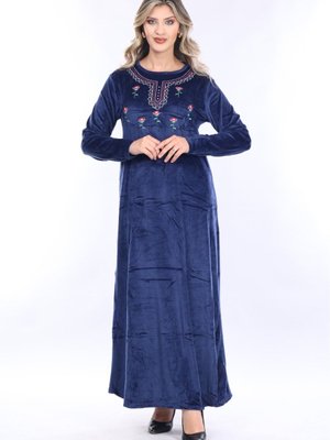Lacivert Yaka Nakış İşleme Detaylı Kadife Elbise