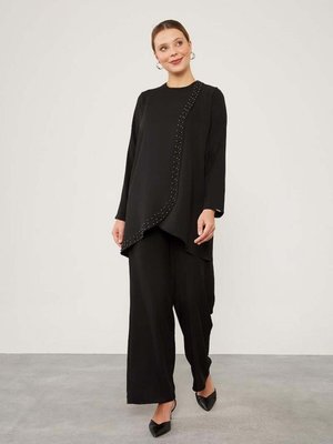 Siyah İnci İşlemeli Şifon İkili Takım
