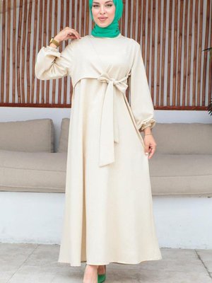 Bej Bel Bağlama Detaylı Elbise