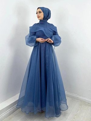 Simli Tasarım Abiye Elbise Moda Düğün Şıklığı – Buz Mavisi